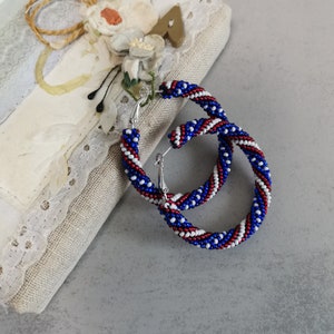 4th of july earrings USA flag seed bead hoop earrings Stars and stripes beaded jewelry gift for women Maximalist earrings