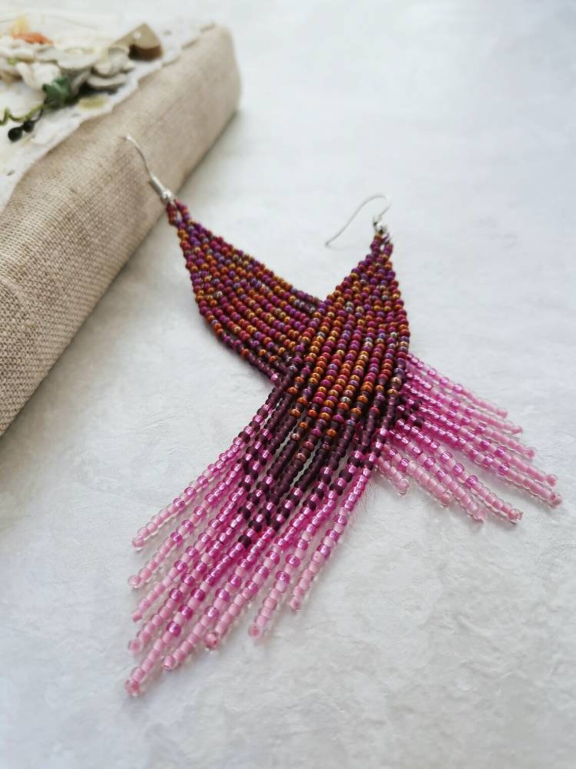 Pink Ombre Beaded Fringe Earrings Long Seed Bead Dangle Earrings Boho ...