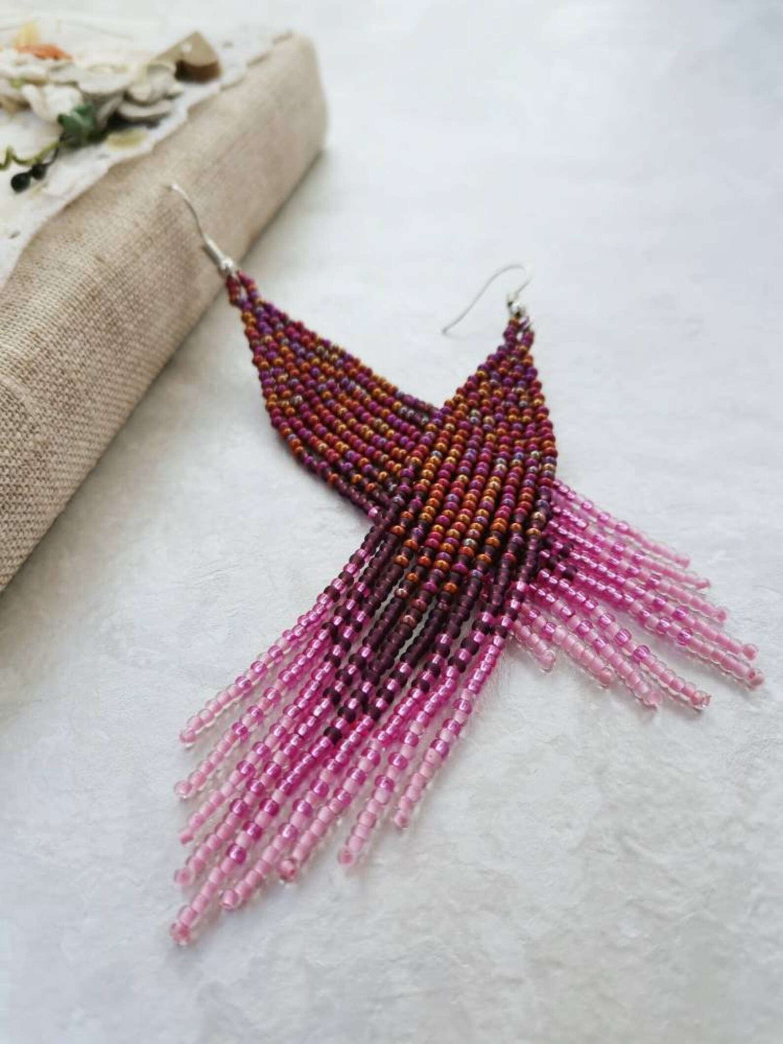 Pink Ombre Beaded Fringe Earrings Long Seed Bead Dangle Earrings Boho ...