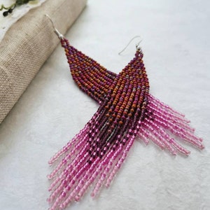Pink Ombre Beaded Fringe Earrings Long Seed Bead Dangle Earrings Boho ...