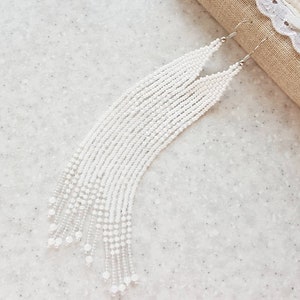 Extra long white earrings Beaded boho earrings for wedding Seed bead fringe earrings Shoulder duster beadwork earrings