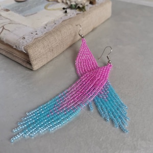 Bright fuchsia pink and transparent sky blue beaded fringe earrings Long elegant seed bead earrings dangle Boho beaded jewelry gift women