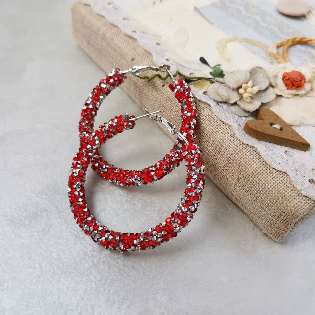 Red Rhinestone Hoop Earrings Large Crystal Pageant Earrings Sparkly