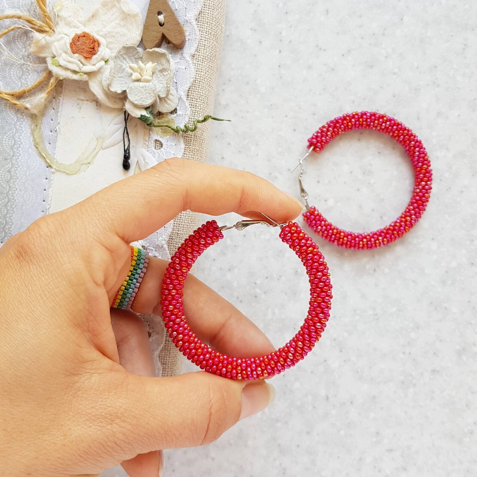 Pink preppy earrings Big seed bead hoop earrings Small beaded Etsy