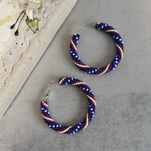 4th of july earrings USA flag seed bead hoop earrings Stars and stripes beaded jewelry gift for women Maximalist earrings