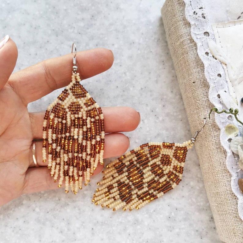 Leopard beaded earrings Cheetah print seed bead fringe earrings Safari animal dangle earrings Beadwork jewelry gift for women image 3