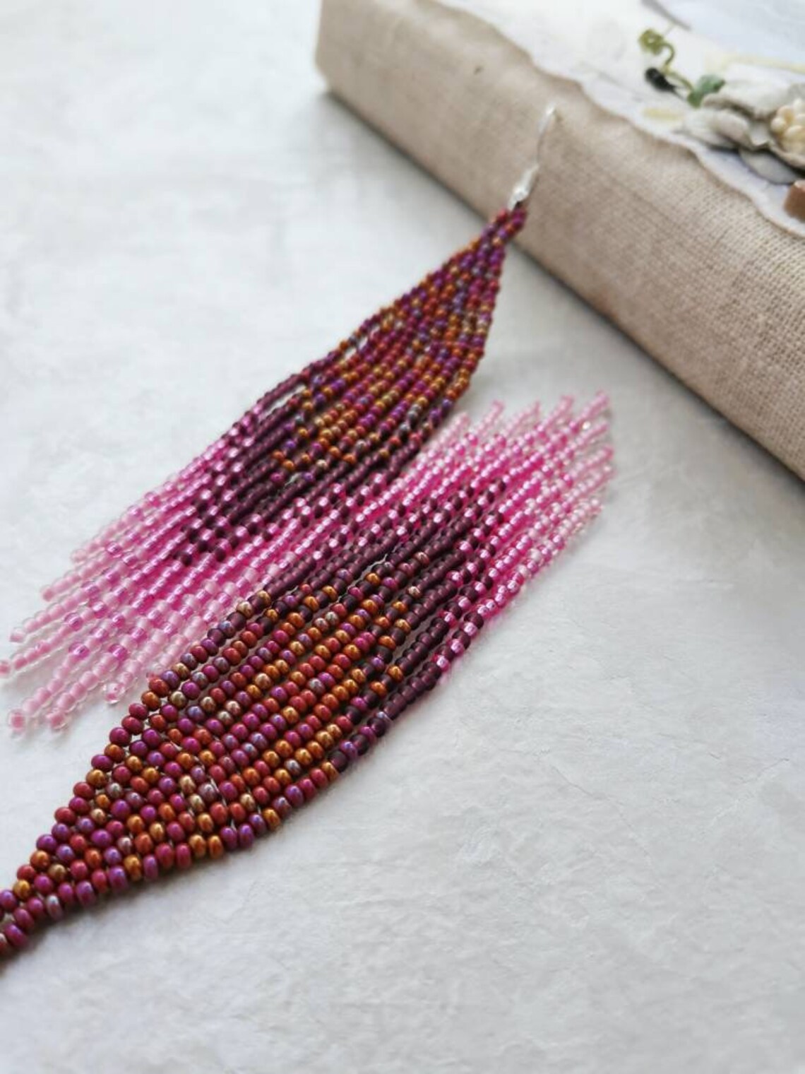 Pink Ombre Beaded Fringe Earrings Long Seed Bead Dangle Earrings Boho ...