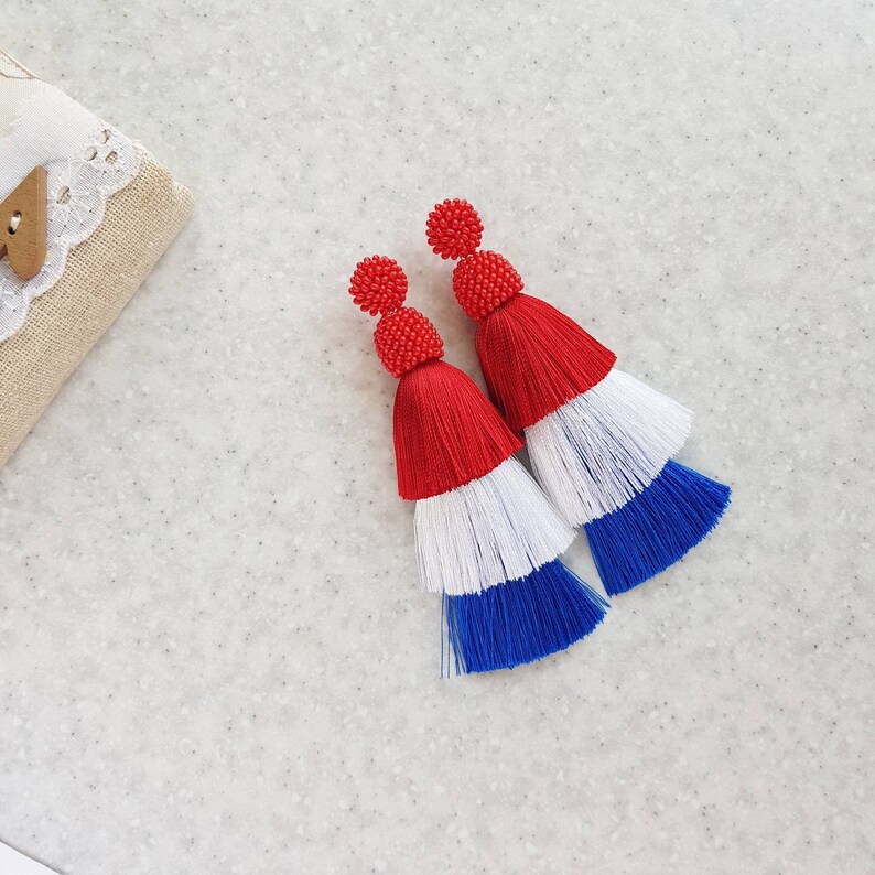 Red white and blue tassel earrings Long USA flag earrings 4th Etsy