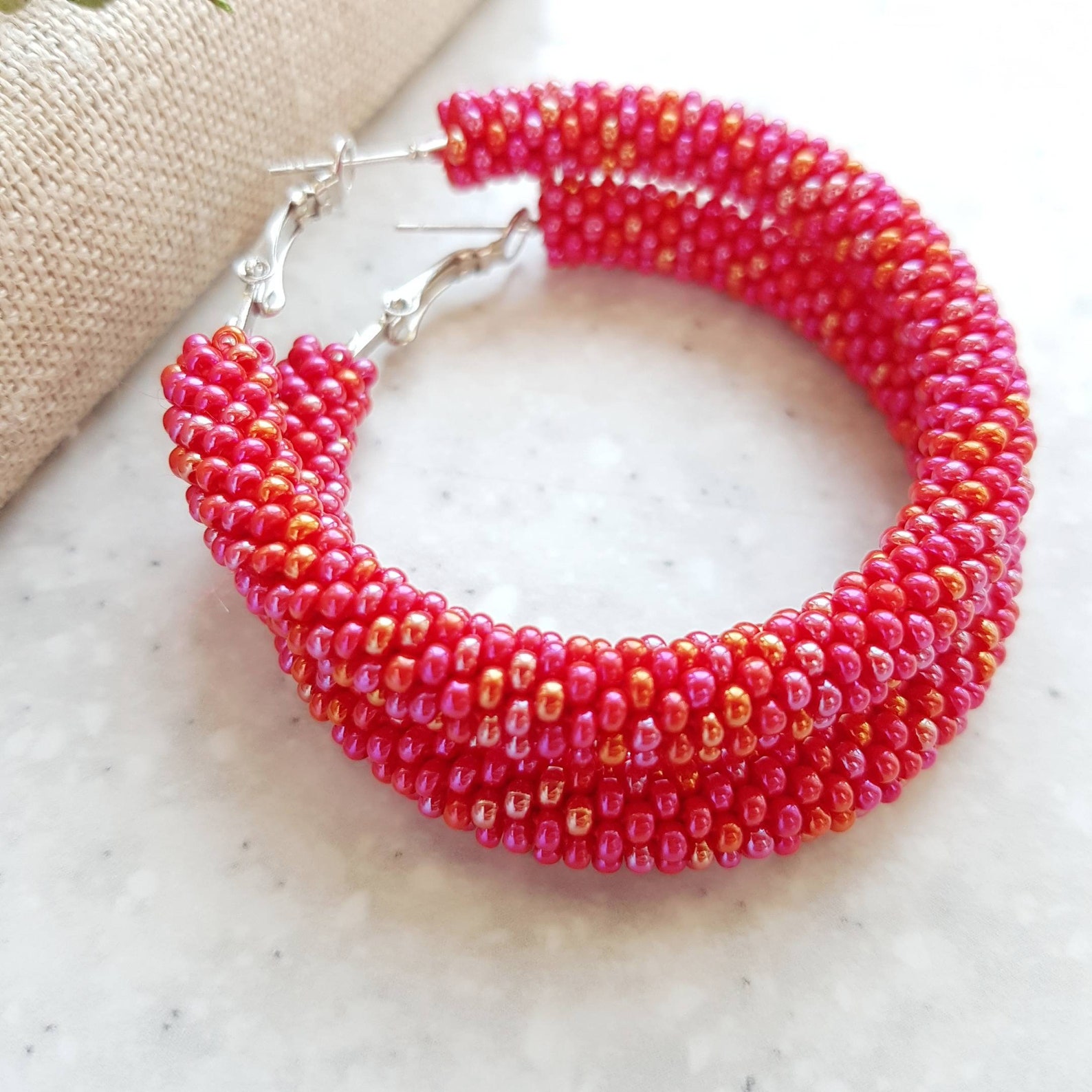 Pink preppy earrings Big seed bead hoop earrings Small beaded Etsy
