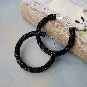 Black hoop earrings for women Goth bling earrings Big crystal hoops Shiny circle large beadwork earrings