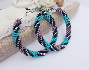 Serape earrings Colorful big beaded hoop earring Blue and purple large chunky circle earrings Seed bead hoops Handmade beadwork jewelry