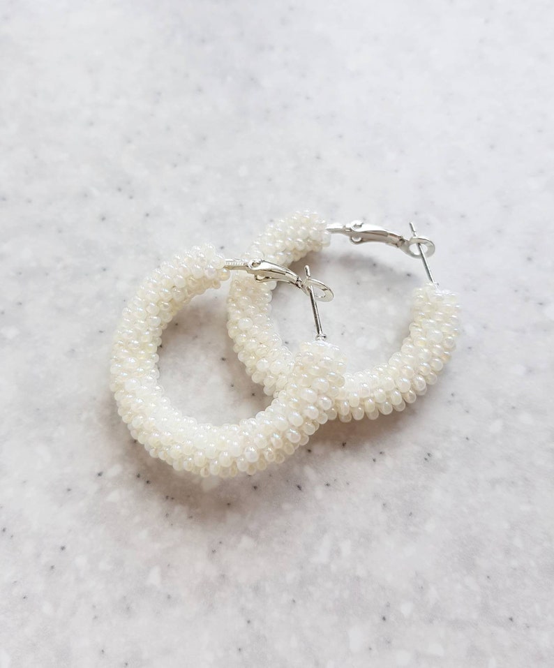 Small beaded hoop earrings Wedding bridesmaid circle earrings Seed bead crochet earrings Beadwork jewelry Ukraine seller shop small business image 7