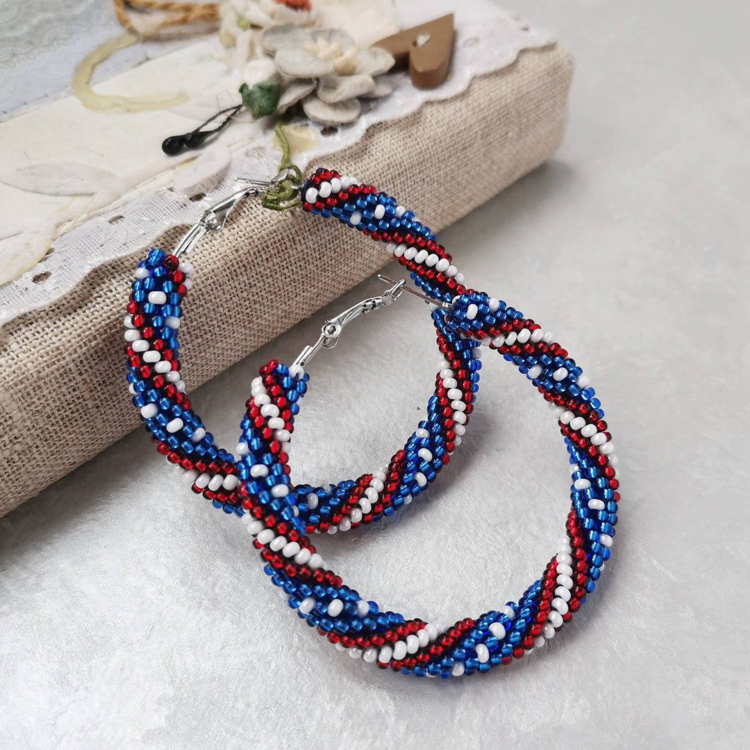 4th of July Beaded Earrings USA Flag Seed Bead Hoop Earrings Stars and Stripes Jewelry Gift for 
