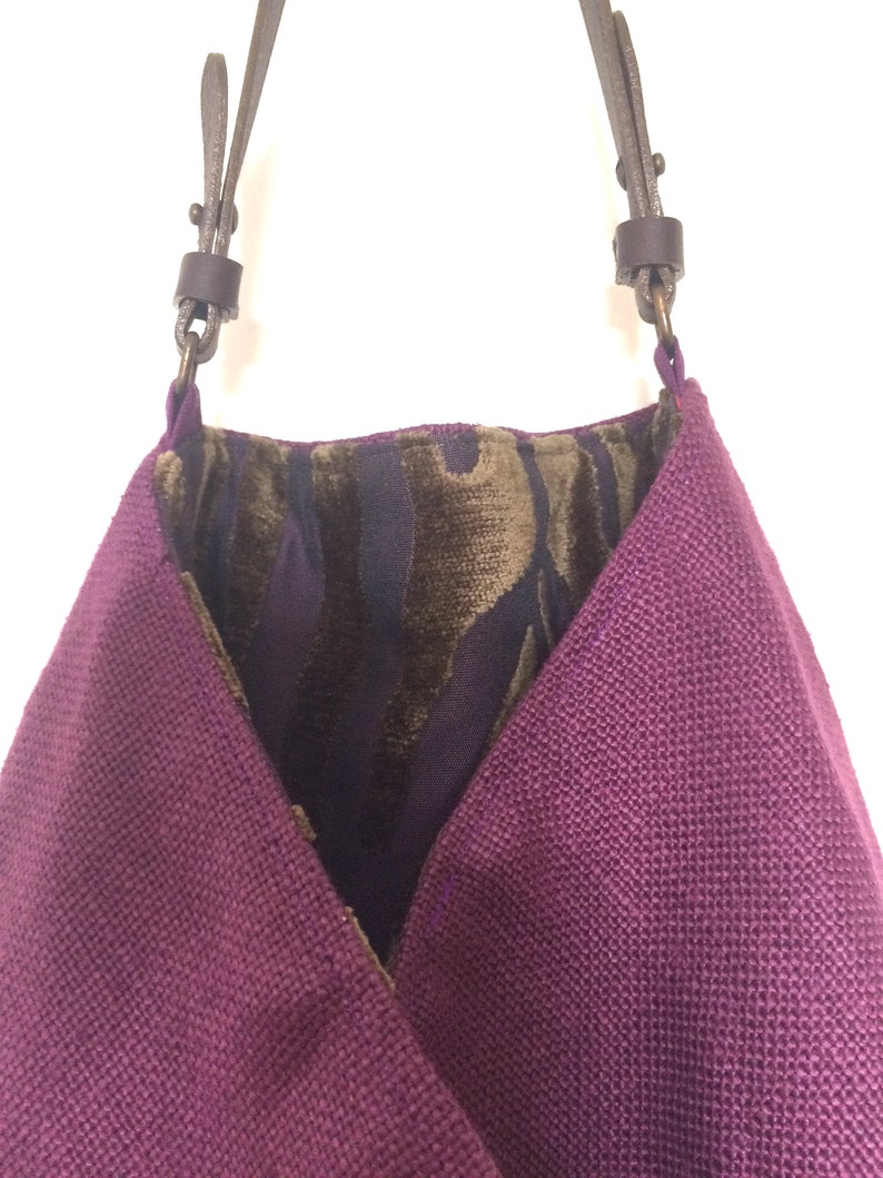 size Medium Tote bag reversible unique piece leather double-sided Bold velvet linen