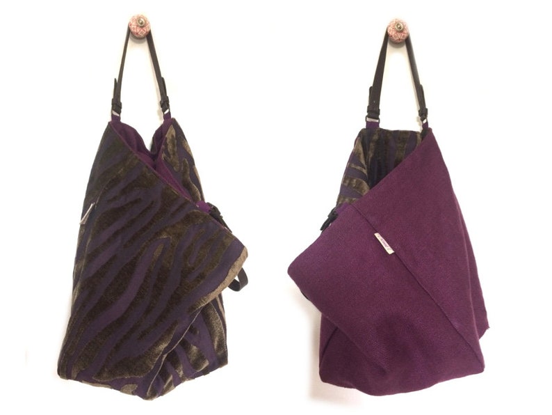 size Medium Tote bag reversible unique piece leather double-sided Bold velvet linen