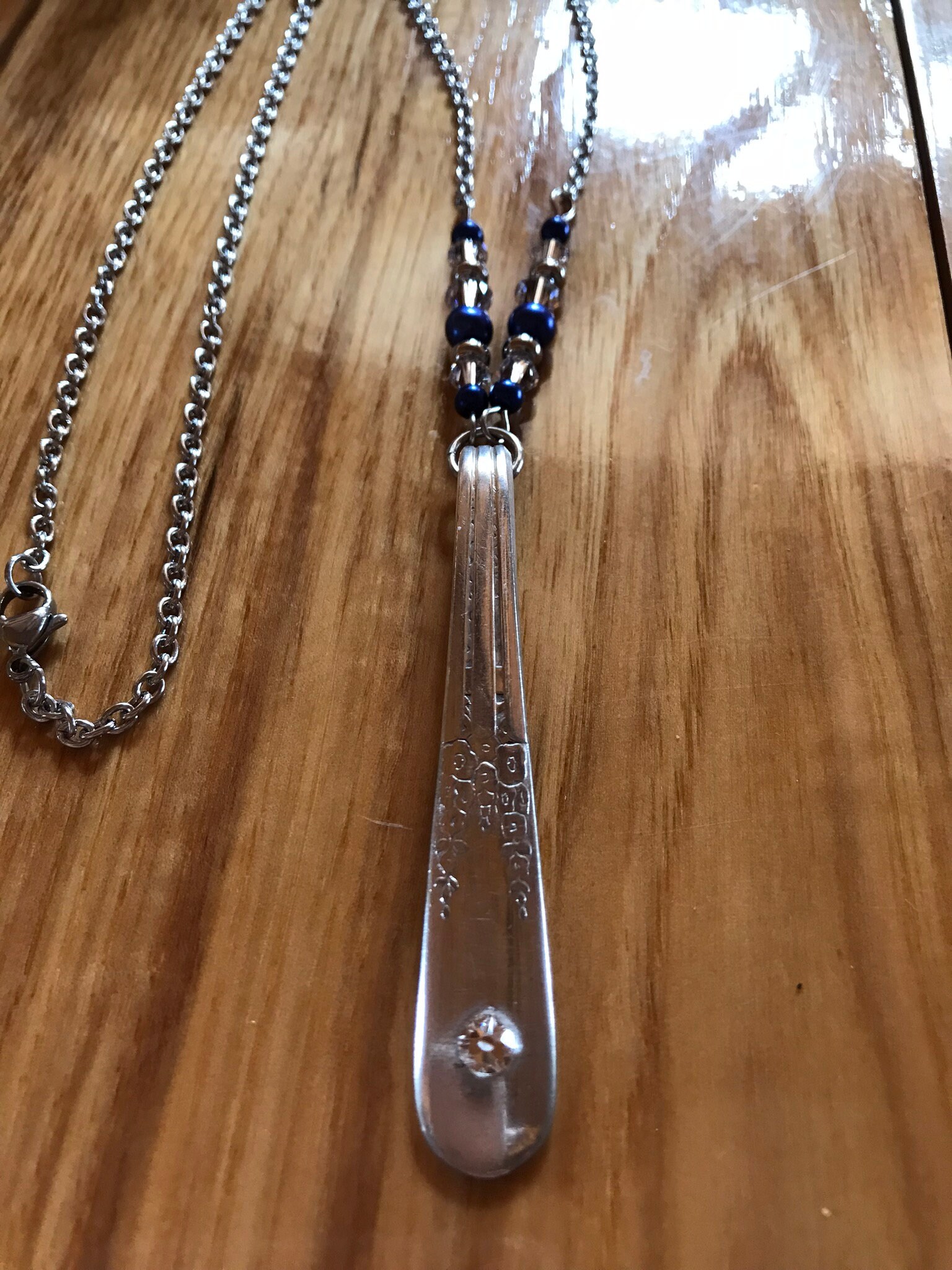 Stainless Steel Chain w/ Sterling Silver Spoon Pendant Necklace Blue Pearls & Swarovski Crystals