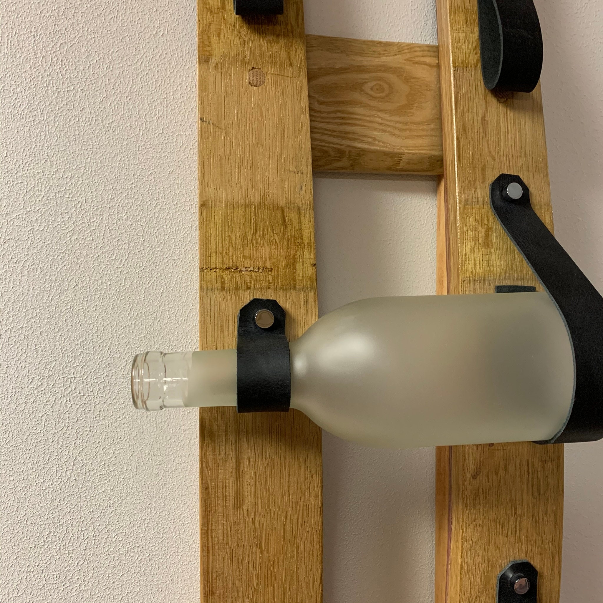 Oak Wine Barrel Stave Wine Rack Dark Grey Leather Wine Straps Holds