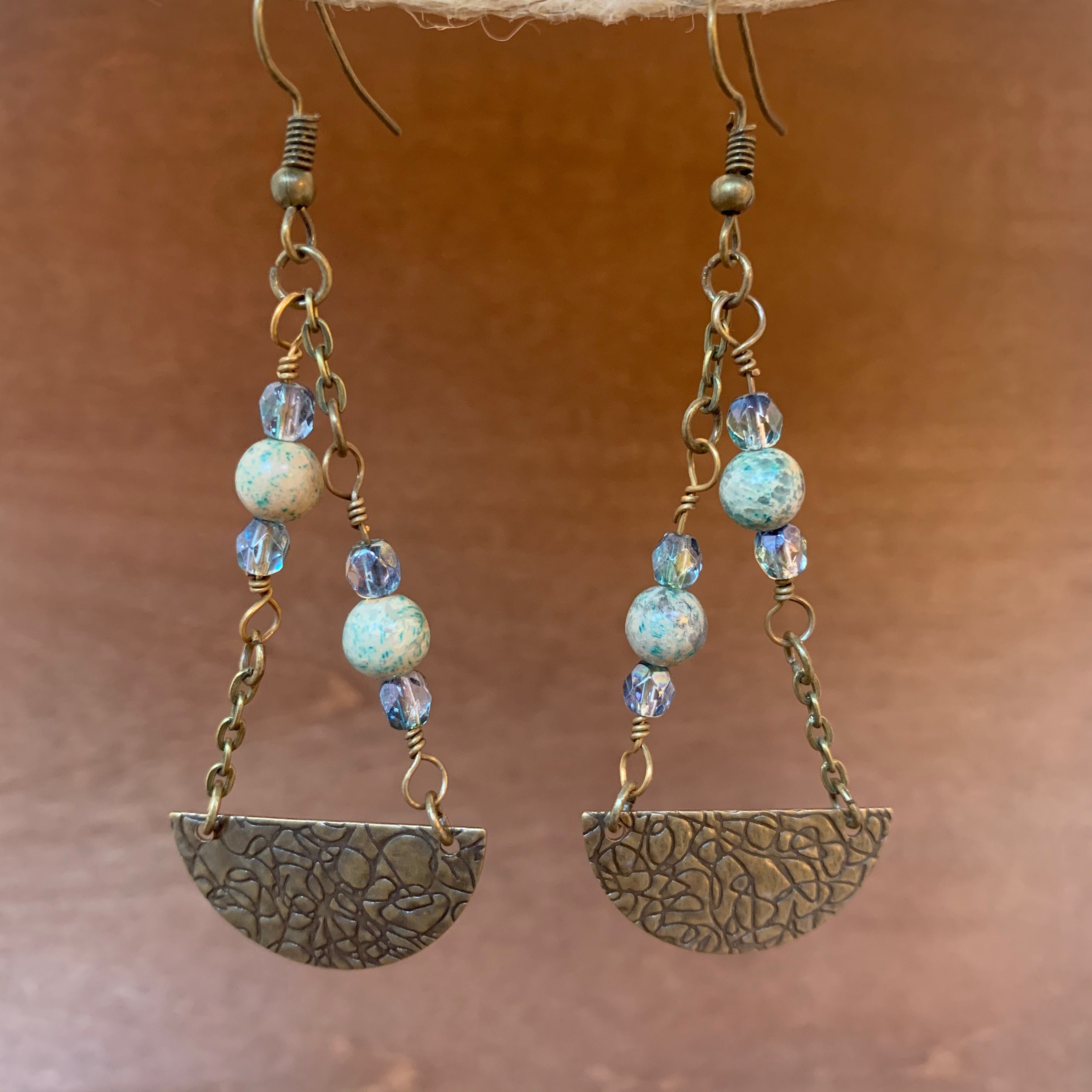 Antique Brass Dangle Earrings w/ BlueGreen Beads