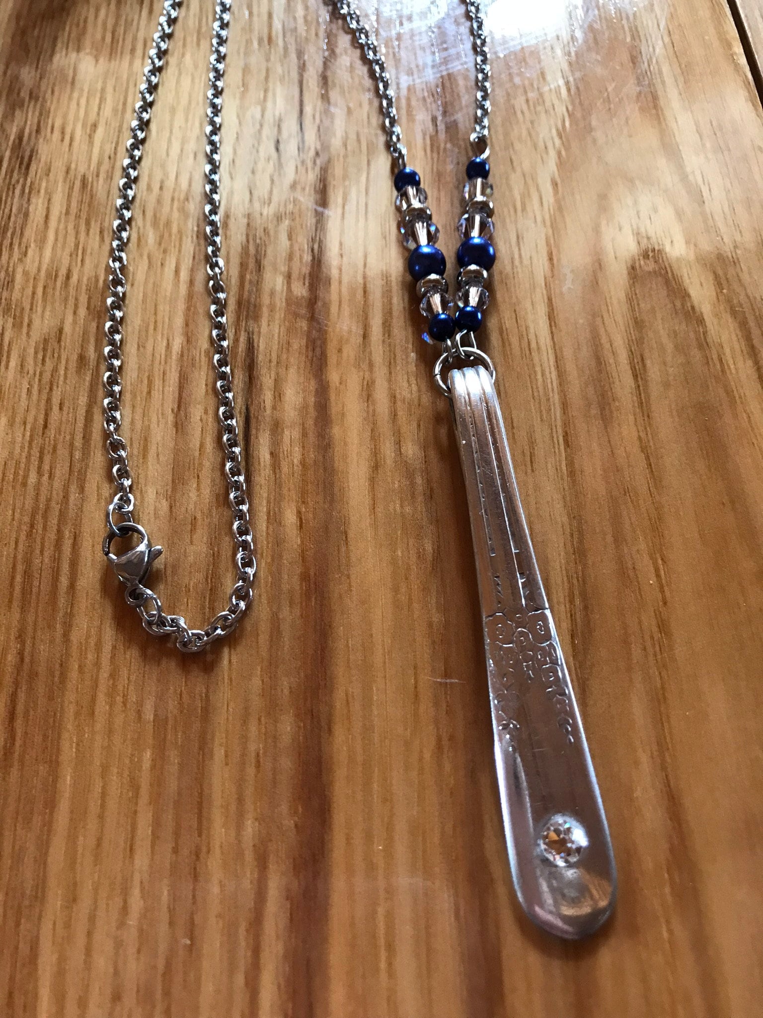 Stainless Steel Chain w/ Sterling Silver Spoon Pendant Necklace Blue Pearls & Swarovski Crystals