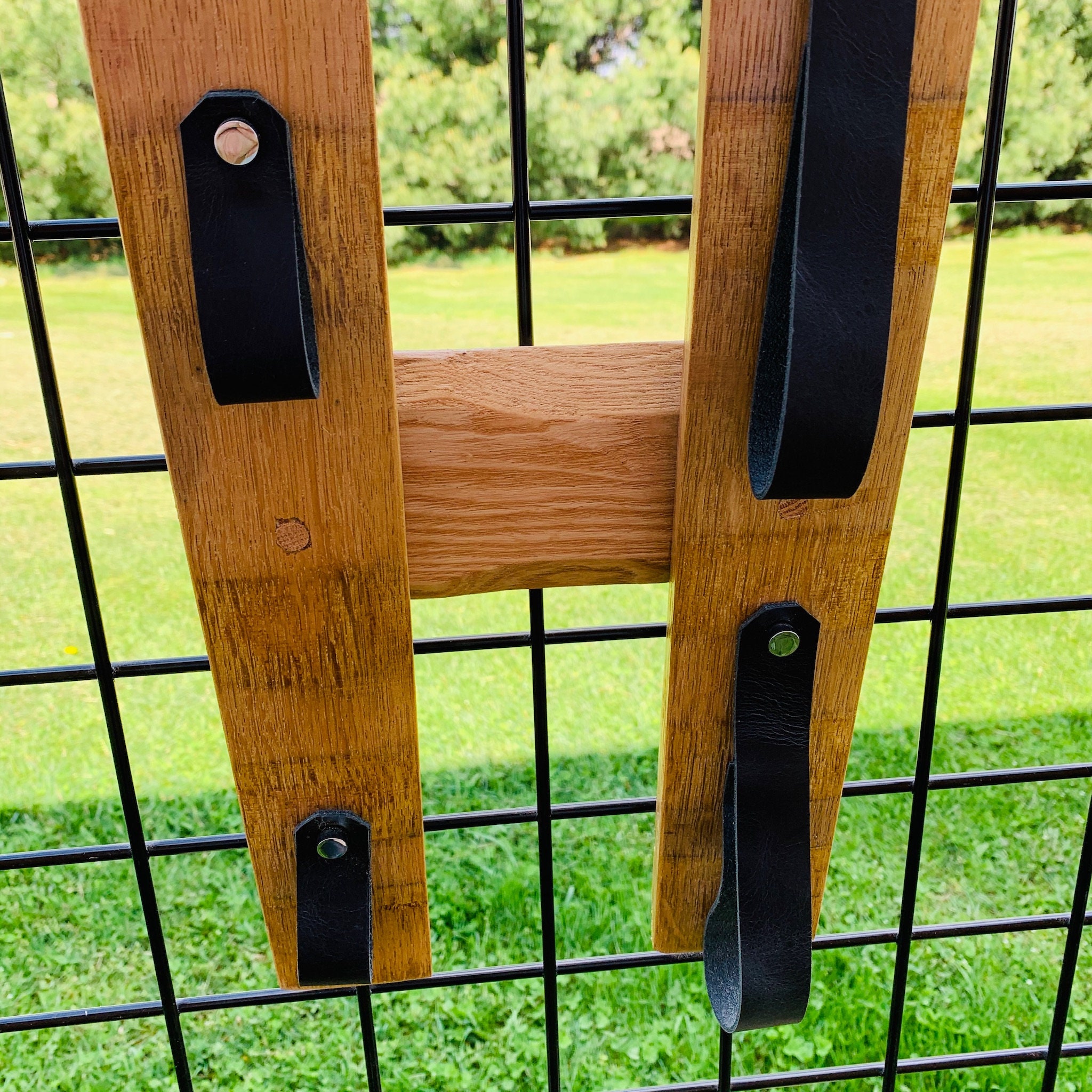 Oak Wine Barrel Stave Wine Rack Dark Grey Leather Wine Straps Holds