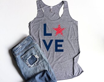 4th of July Tank Top LOVE Star USA Tank Top Ladies Merica Tanks Fourth of July Racerback Patriotic Red White and Blue America Tank Tops