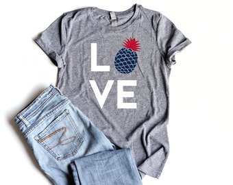 READY TO SHIP - Love Pineapple Shirt Junior Fitted Pineapple Shirt Fourth of July Shirt Women Pineapple Patriotic Shirt Red White Blue