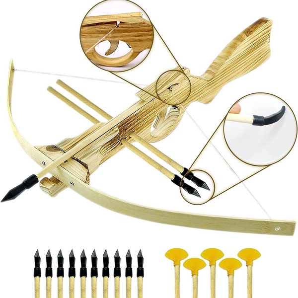 Wooden Toy Crossbow - Handmade Bow and Arrow for Kids Archery Set with 10 Rubber-Tipped Bamboo Wood Arrows + 5 Suction Cup Arrows
