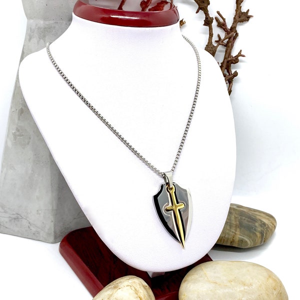 Stainless Steel Necklace for Men - Two Tone Shield and Sword Pendant 316L Surgical Steel - Stainless Steel Box Chains