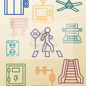 May include: A collection of line art illustrations of various objects and symbols. Includes an elevator, a ceiling fan, an air vent, a remote control, a pedestrian crossing, a typewriter, an electrical outlet, a fuse box, traffic lights, and an escalator.