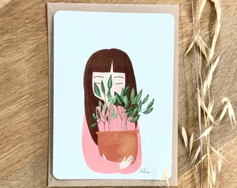 Carte illustrée "La fille à la plante"