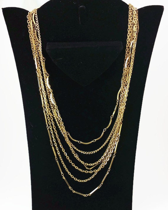 Multi Strand Goldtone Necklace Mid Century 7 Stra… - image 2