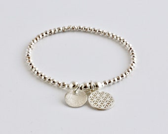 Blume des Lebens, Armband, Silber 925, Gummizug dehnbar, Silberarmband, Symbolschmuck, Echter Silberschmuck, Geschenk Freundin