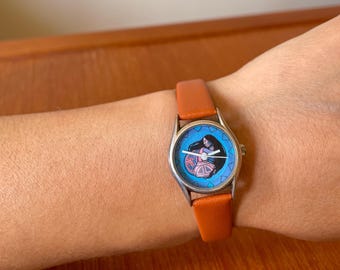 Vintage Silvermoon Native American Woman Pottery Design Art Brown Leather Strap Wrist Watch Blue Teal Dial