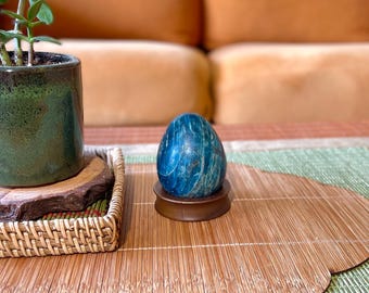 Blue Apatite Crystal Egg Palm Stone With Wood Base Stand