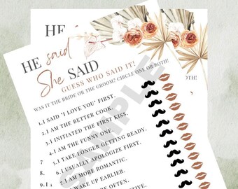 He Said She Said Boho Bridal Shower/Bachelorette Party Game