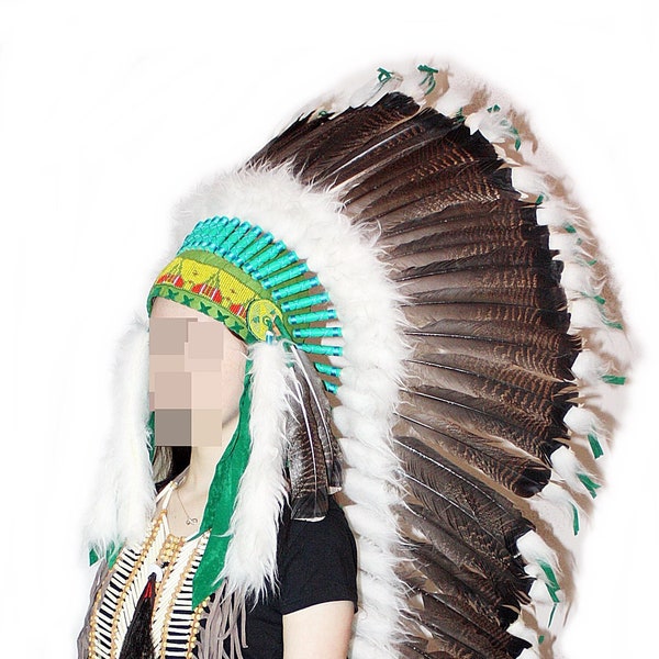 UNIQUE PIECE Indian Headdress GREEN XXL Feather Bonnet Turkey 110 cm Turkey Warbonnet Turkey feathers feather headdress handmade