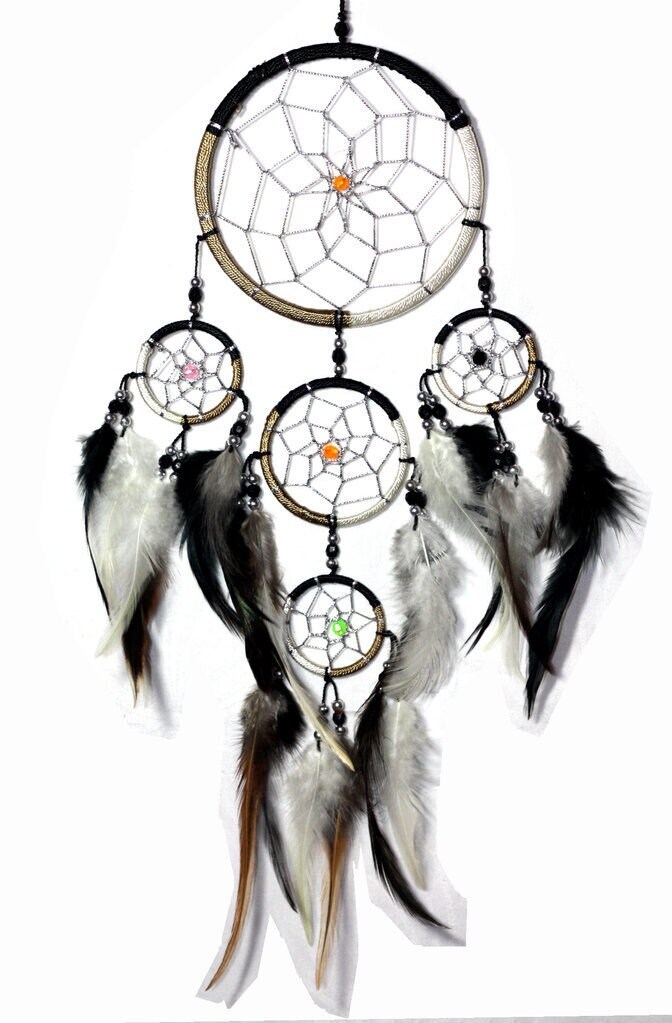 Indian Dreamcatcher 3 colored 11.5/40 cm. Silver thread NET, tan-black-cream