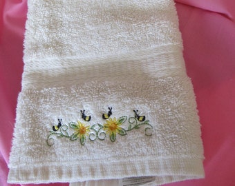 Busy Bee Hand Towel, embroidered, bees, flowers, washable