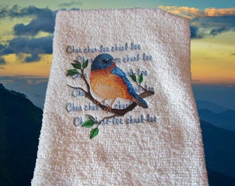 Eastern Blue Bird Towel, embroidered, colorful, nature, spring