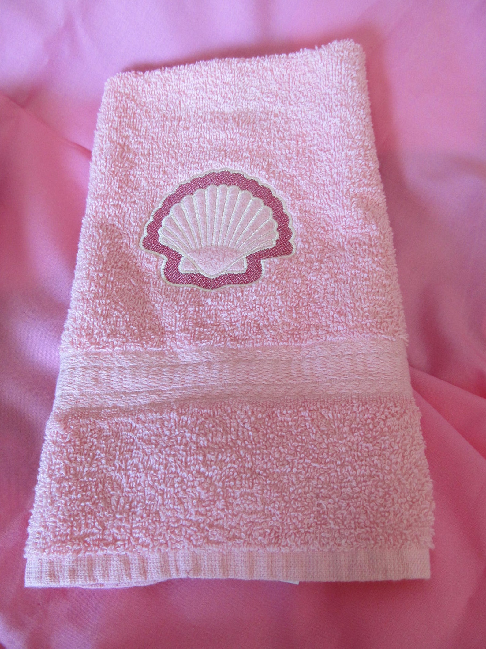 Pink Hand Towel Embossed With Embroidered Shell Sea Ocean Etsy