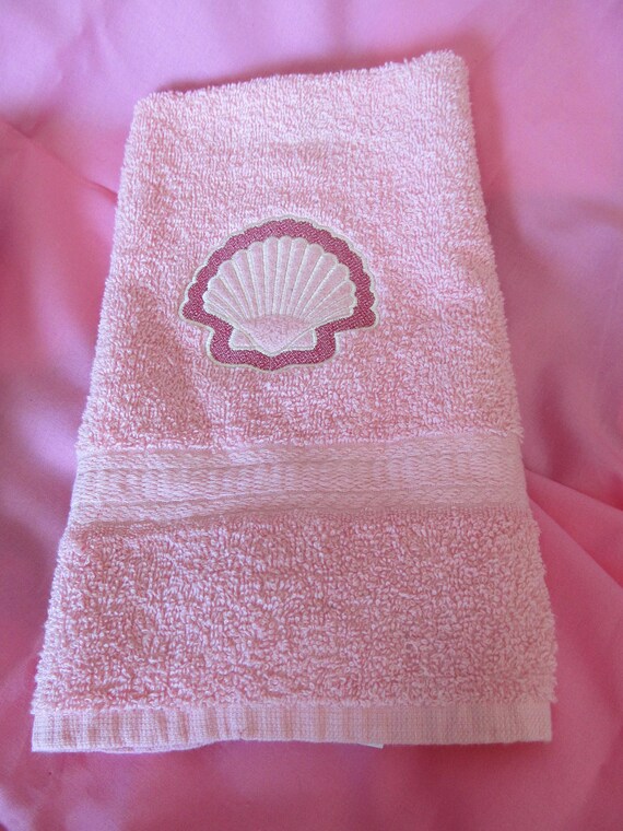 Pink Hand Towel Embossed With Embroidered Shell Sea Ocean Etsy UK