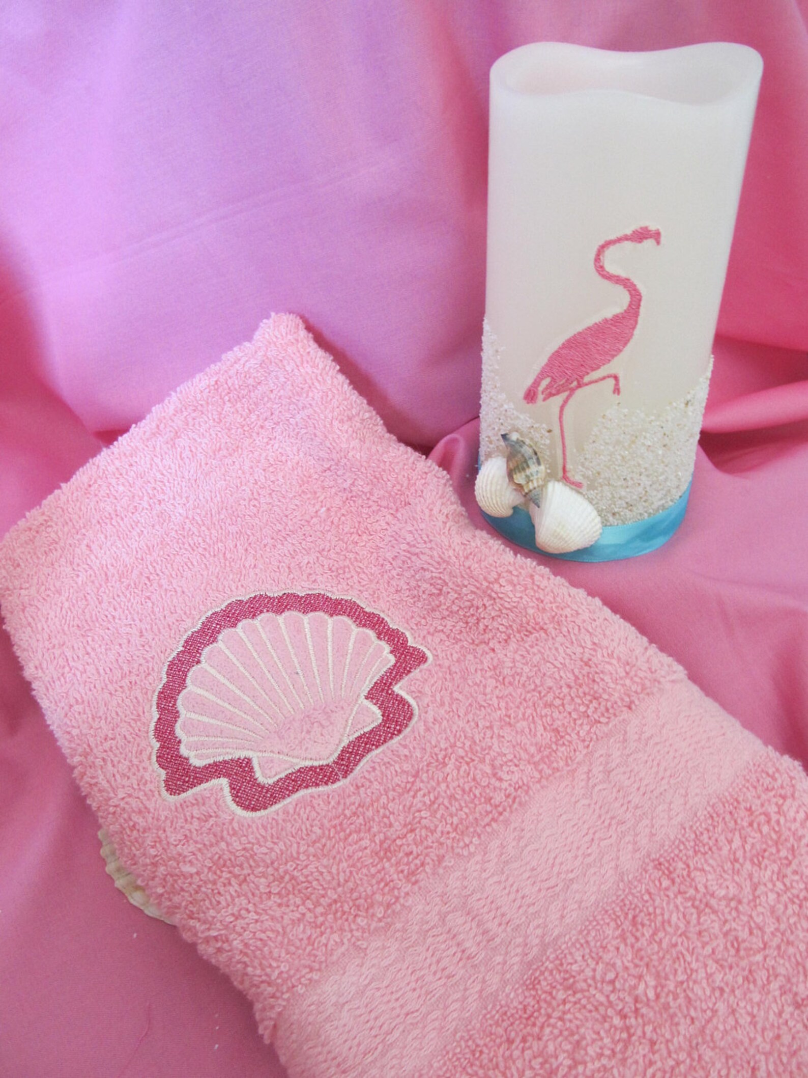 Pink Hand Towel Embossed With Embroidered Shell Sea Ocean Etsy