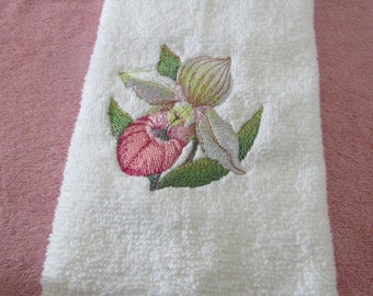 Watercolor lady slipper Orchid towel, nature, flower