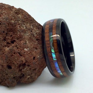 Tungsten Wedding Band, Hawaiian Koa Wood Ring, Abalone Ring, Mens Promise Ring, Wood Wedding Band,Mens Anniversary Band, Tungsten Ring