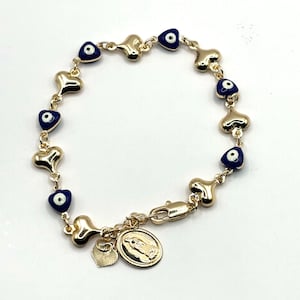 Blue Evil Eye Bracelet: Gold Heart Charm, Greek Jewelry