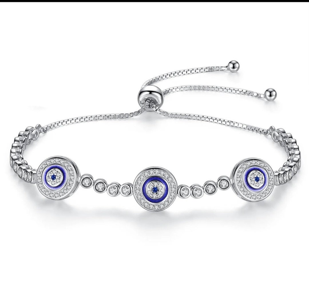 Bracciale Con Occhio Maligno Greco In Oro Bianco Massiccio 14 - Foto 6