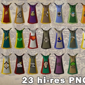 Può includere: Una collezione di 23 diversi design di mantelli con vari simboli e colori. Ogni mantello ha un bordo dorato e un emblema unico al centro.