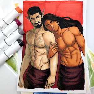 May include: An illustration of two muscular figures with pointed ears, wearing dark red wraps. The figures are depicted with tan skin tones and dark hair, set against a red background. Several art markers in various colours are visible.