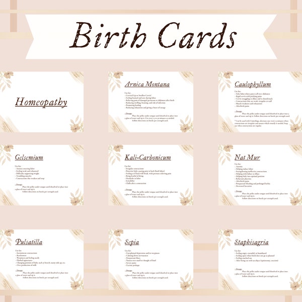 23 Tarjetas de referencia de homeopatía de nacimiento / parto / Agarre rápido / Descarga digital