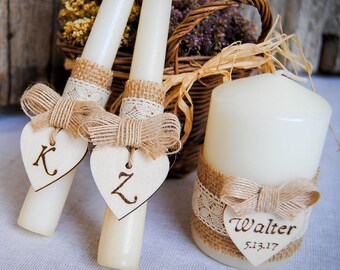 Rustic Wedding Candles Custom Unity Candle Set Unity Candles Wedding Rope Candles with burlap church ceremony set initial heart Personalized